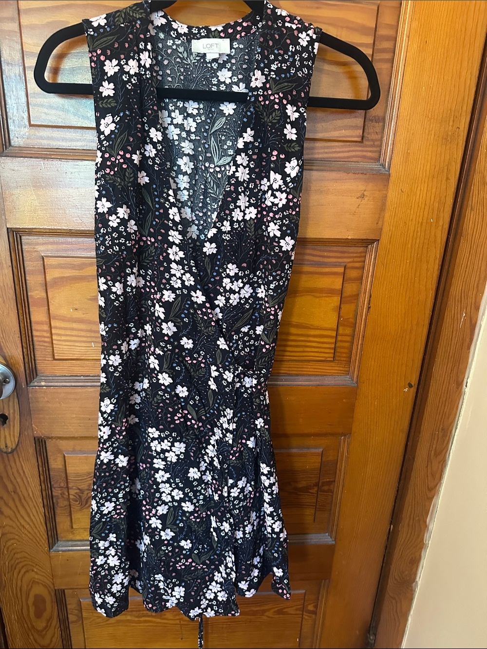 LOFT Black Floral V-Neck Midi Dress with Pink Accents